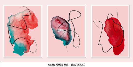 Set of creative abstract illustractions with watercolor blurs and black lines. Can be used for any kind of a design:wall decoration, postcard, brochure, fashion print, posters. Vector template.	