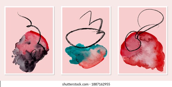Set of creative abstract illustractions with watercolor blurs and black lines. Can be used for any kind of a design:wall decoration, postcard, brochure, fashion print, posters. Vector template.	