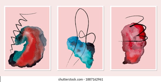 Set of creative abstract illustractions with watercolor blurs and black lines. Can be used for any kind of a design:wall decoration, postcard, brochure, fashion print, posters. Vector template.	
