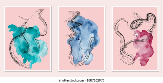 Set of creative abstract illustractions with watercolor blurs and black lines. Can be used for any kind of a design:wall decoration, postcard, brochure, fashion print, posters. Vector template.	