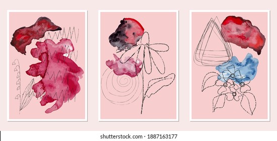 Set of creative abstract illustractions with watercolor blurs and black lines. Can be used for any kind of a design:wall decoration, postcard, brochure, fashion print, posters. Vector template.	