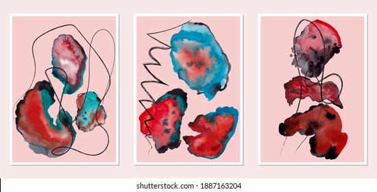 Set of creative abstract illustractions with watercolor blurs and black lines. Can be used for any kind of a design:wall decoration, postcard, brochure, fashion print, posters. Vector template.	