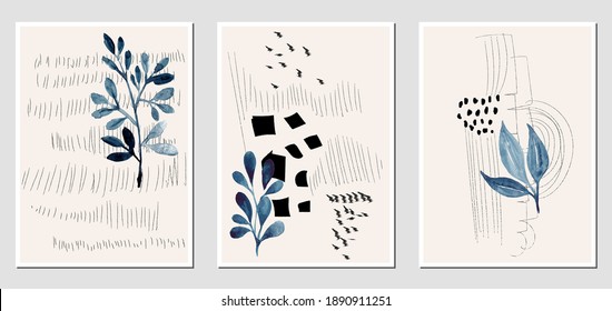 Set of creative abstract illustractions with watercolor blue leaves and black lines. Can be used for any kind of a design:wall decoration, postcard, brochure, fashion print, posters. Vector template.