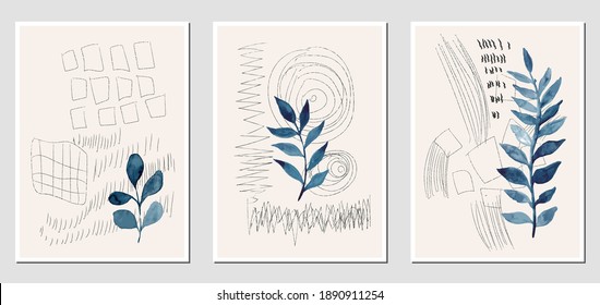 Set of creative abstract illustractions with watercolor blue leaves and black lines. Can be used for any kind of a design:wall decoration, postcard, brochure, fashion print, posters. Vector template.