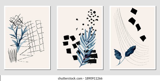 Set of creative abstract illustractions with watercolor blue leaves and black lines. Can be used for any kind of a design:wall decoration, postcard, brochure, fashion print, posters. Vector template.
