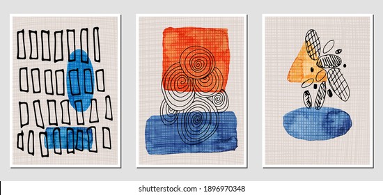Set of creative abstract illustractions with watercolor blurs and black lines. Can be used for any kind of a design:wall decoration, postcard, brochure, fashion print, posters. Vector template.	