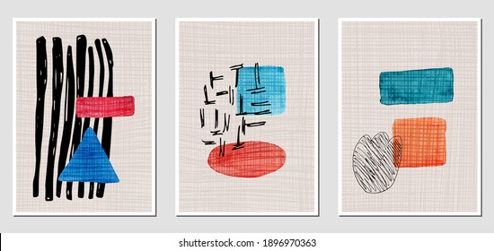 Set of creative abstract illustractions with watercolor blurs and black lines. Can be used for any kind of a design:wall decoration, postcard, brochure, fashion print, posters. Vector template.	