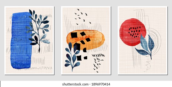 Set of creative abstract illustractions with watercolor geometric blurs, leaves and black lines. Can be used for any kind of a design. Vector template.	
