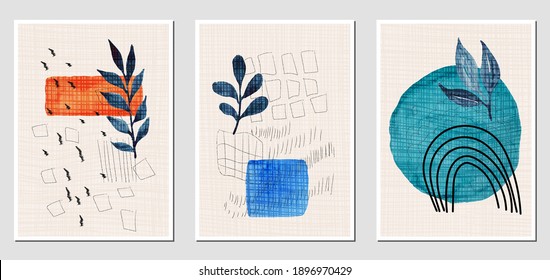 Set of creative abstract illustractions with watercolor geometric blurs, leaves and black lines. Can be used for any kind of a design. Vector template.	