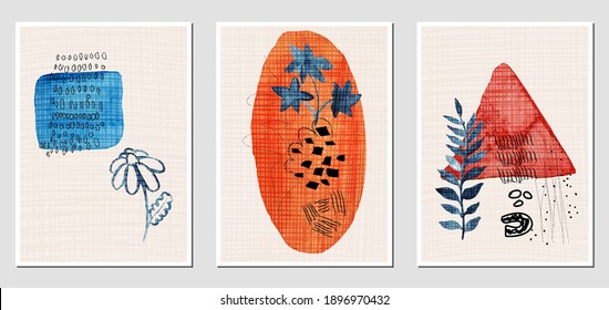 Set of creative abstract illustractions with watercolor geometric blurs, leaves and black lines. Can be used for any kind of a design. Vector template.	