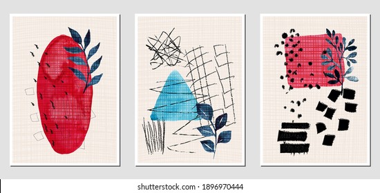 Set of creative abstract illustractions with watercolor geometric blurs, leaves and black lines. Can be used for any kind of a design. Vector template.	