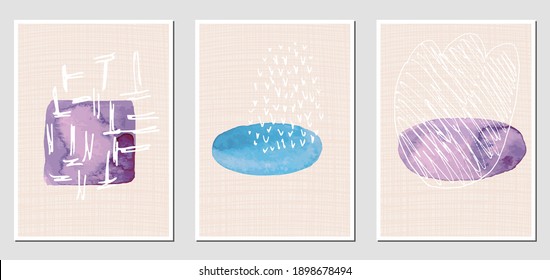 Set of creative abstract illustractions with watercolor blurs and black lines. Can be used for any kind of a design:wall decoration, postcard, brochure, fashion print, posters. Vector template.	