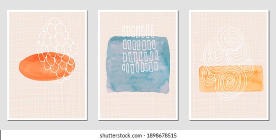 Set of creative abstract illustractions with watercolor blurs and black lines. Can be used for any kind of a design:wall decoration, postcard, brochure, fashion print, posters. Vector template.	