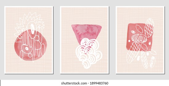 Set of creative abstract illustractions with watercolor blurs and black lines. Can be used for any kind of a design:wall decoration, postcard, brochure, fashion print, posters. Vector template.	