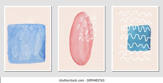 Set of creative abstract illustractions with watercolor blurs and black lines. Can be used for any kind of a design:wall decoration, postcard, brochure, fashion print, posters. Vector template.	