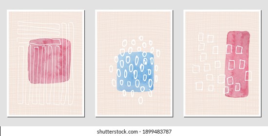 Set of creative abstract illustractions with watercolor blurs and black lines. Can be used for any kind of a design:wall decoration, postcard, brochure, fashion print, posters. Vector template.	