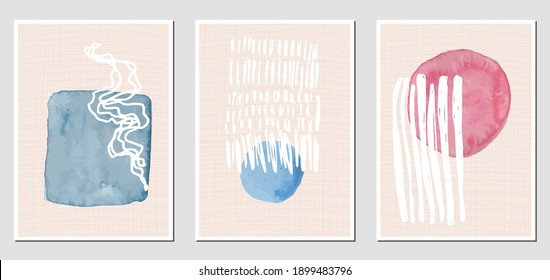 Set of creative abstract illustractions with watercolor blurs and black lines. Can be used for any kind of a design:wall decoration, postcard, brochure, fashion print, posters. Vector template.	