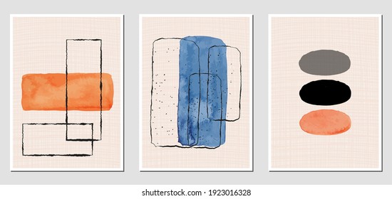 Set of creative abstract illustractions with watercolor blurs and black lines. Can be used for any kind of a design:wall decoration, postcard, brochure, fashion print, posters. Vector template.	