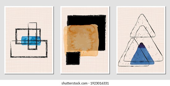 Set of creative abstract illustractions with watercolor blurs and black lines. Can be used for any kind of a design:wall decoration, postcard, brochure, fashion print, posters. Vector template.	