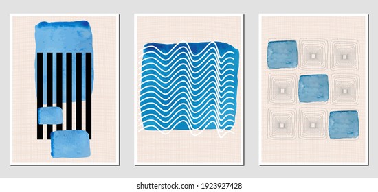 Set of creative abstract illustractions with watercolor blurs and black lines. Can be used for any kind of a design:wall decoration, postcard, brochure, fashion print, posters. Vector template.