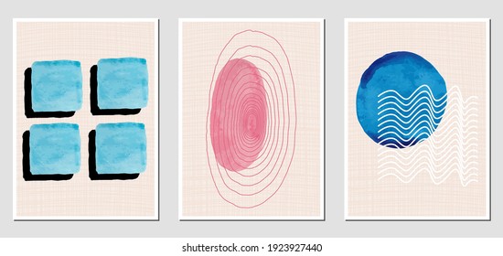 Set of creative abstract illustractions with watercolor blurs and black lines. Can be used for any kind of a design:wall decoration, postcard, brochure, fashion print, posters. Vector template.