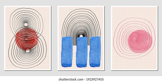Conjunto de ilustraciones creativas abstractas con borrosas acuarelas y líneas negras. Se puede usar para cualquier tipo de diseño: decoración de pared, postal, folleto, huella de moda, carteles. Plantilla de vectores.
