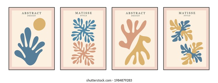 Set of creative abstract Matisse inspired modern trendy posters. Minimal style. Pastel colors. Artistic design for wallpaper, wall decor, postracd, print, background. Isolated vector illustration.