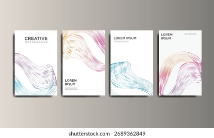 Conjunto de projetos de capa mínima abstrata criativa com arte de linha fluente e onda de gradiente de arco-íris