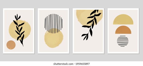 Set of creative abstract modern trendy wall art in minimalist style with geometric forms and plants