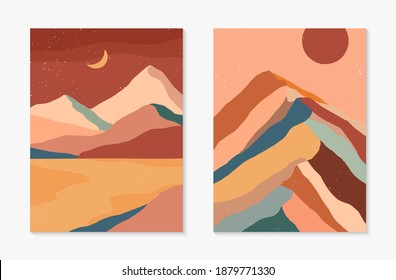 Set of creative abstract mountain landscape and mountain range backgrounds.Mid century modern vector illustrations with hand drawn mountains,sea or desert,sky,sun,moon.Trendy contemporary design.
