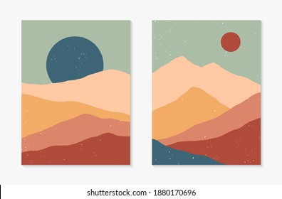 Set of creative abstract mountain landscape backgrounds.Mid century modern vector illustrations with  mountains or desert dunes; sky, sun or moon.Trendy contemporary design.Futuristic wall art decor.