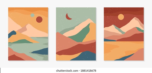 Set of creative abstract mountain landscape backgrounds.Mid century modern vector illustration with hand drawn mountains;desert or river; sky,moon or sun.Trendy contemporary design.Wall art decor.