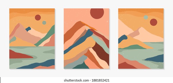 Set von kreativen abstrakten Berglandschaften und Gebirgshintergründen.Moderne Vektorgrafiken aus dem Mittelalter mit handgezeichneten Bergen, Meer oder Wüste, Himmel, Sonne, Mond.Modernes Design.