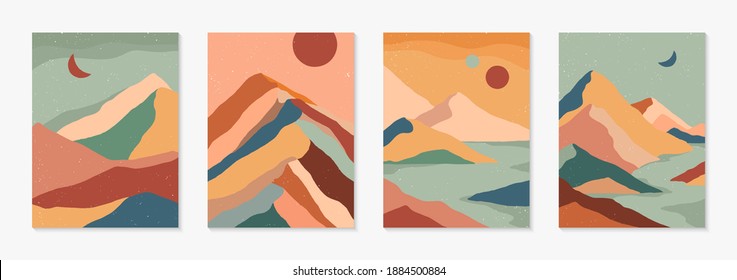 Set of creative abstract mountain landscape and mountain range backgrounds.Mid century modern vector illustrations with hand drawn mountains,sea or desert,sky,sun,moon.Trendy contemporary design.