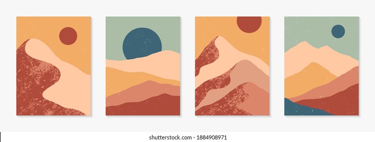 Set of creative abstract mountain landscape backgrounds.Mid century modern vector illustrations with  mountains or desert dunes; sky, sun or moon.Trendy contemporary design.Futuristic wall art decor.