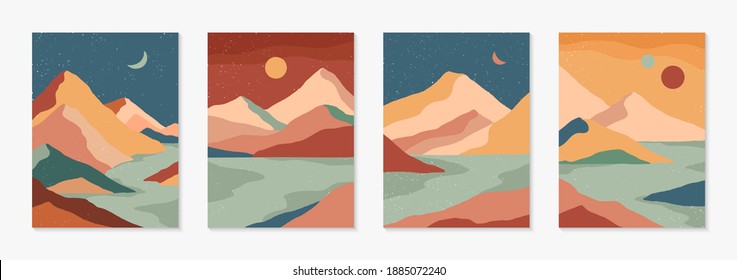 Set of creative abstract mountain landscape and mountain range backgrounds.Mid century modern vector illustrations with hand drawn mountains,sea or desert,sky,sun,moon.Trendy contemporary design.