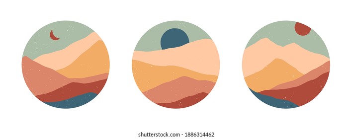 Set of creative abstract mountain landscape round icons.Mid century modern vector illustrations with  mountains or desert dunes;sky,sun or moon.Trendy templates for stories.Futuristic abstract design