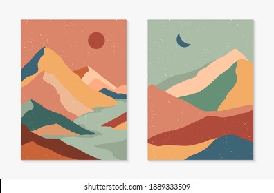 Set of creative abstract mountain landscape and mountain range backgrounds.Mid century modern vector illustrations with hand drawn mountains,sea or desert,sky,sun,moon.Trendy contemporary design.