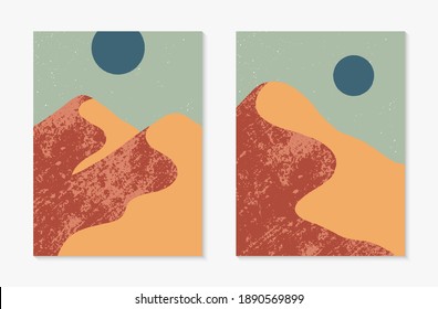 Conjunto de creativos paisajes de montaña abstractos.Ilustraciones vectoriales modernas de medio siglo con montañas o dunas desérticas;cielo, sol o luna.Diseño contemporáneo de moda.Decoración de arte mural futurista.