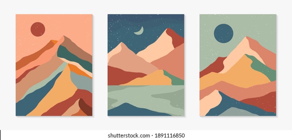 Conjunto de paisajes creativos y abstractos de montaña y paisajes montañosos.Ilustraciones vectoriales modernas de medio siglo con montañas dibujadas a mano, mar o desierto, cielo, sol, luna.Diseño contemporáneo de moda.