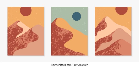 Set of creative abstract mountain landscape backgrounds.Mid century modern vector illustrations with  mountains or desert dunes;sky,sun or moon.Trendy contemporary design.Futuristic wall art decor.