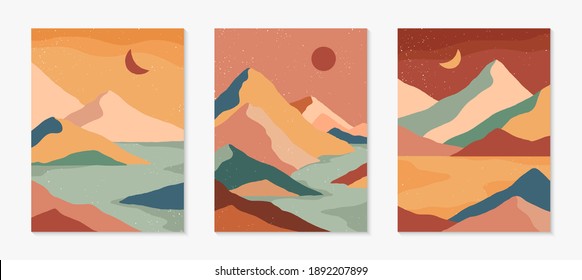 Set of creative abstract mountain landscape and mountain range backgrounds.Mid century modern vector illustrations with hand drawn mountains,sea or lake,sky,sun and moon.Trendy contemporary design.