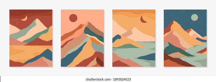 Conjunto de paisajes creativos y abstractos de montaña y paisajes montañosos.Ilustraciones vectoriales modernas de medio siglo con montañas dibujadas a mano, mar o lago, cielo, sol y luna.Diseño contemporáneo de moda.