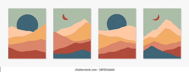 Set of creative abstract mountain landscape backgrounds.Mid century modern vector illustrations with  mountains or desert dunes; sky, sun or moon.Trendy contemporary design.Futuristic wall art decor.