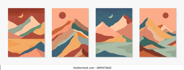 Set Of Creative Abstract Mountain Landscape And Mountain Range Backgrounds.Mid Century Modern Vector Illustrations With Hand Drawn Mountains,sea Or Lake,sky,sun And Moon.Trendy Contemporary Design.