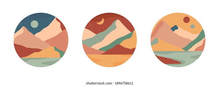 Set of creative abstract mountain landscape and mountain range round icons.Trendy templates for stories.Mid century modern vector illustrations with hand drawn mountains,sea or desert,sky,sun,moon.
