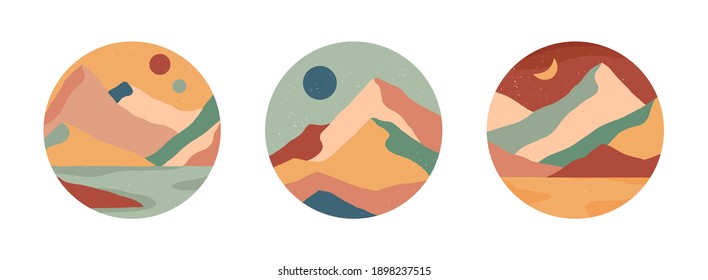 Set of creative abstract mountain landscape and mountain range round icons.Trendy templates for stories.Mid century modern vector illustrations with hand drawn mountains,sea or desert,sky,sun,moon.