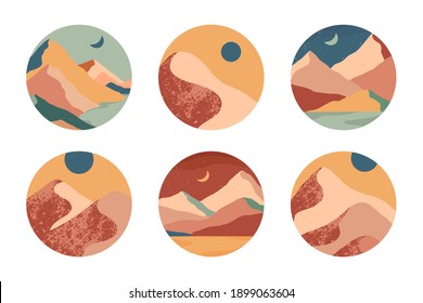 Set of creative abstract mountain landscape and mountain range round icons.Trendy templates for stories.Mid century modern vector illustrations with hand drawn mountains,sea or desert,sky,sun,moon.