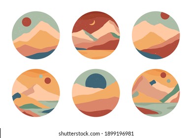 Set of creative abstract mountain landscape and sand dunes round icons.Trendy templates for stories.Mid century modern vector illustrations with hand drawn mountains,sea,desert,sky,sun,moon.