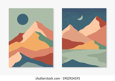 Set of creative abstract mountain landscape and mountain range backgrounds.Mid century modern vector illustrations with hand drawn mountains,sea or lake,sky,sun or moon.Trendy contemporary design.